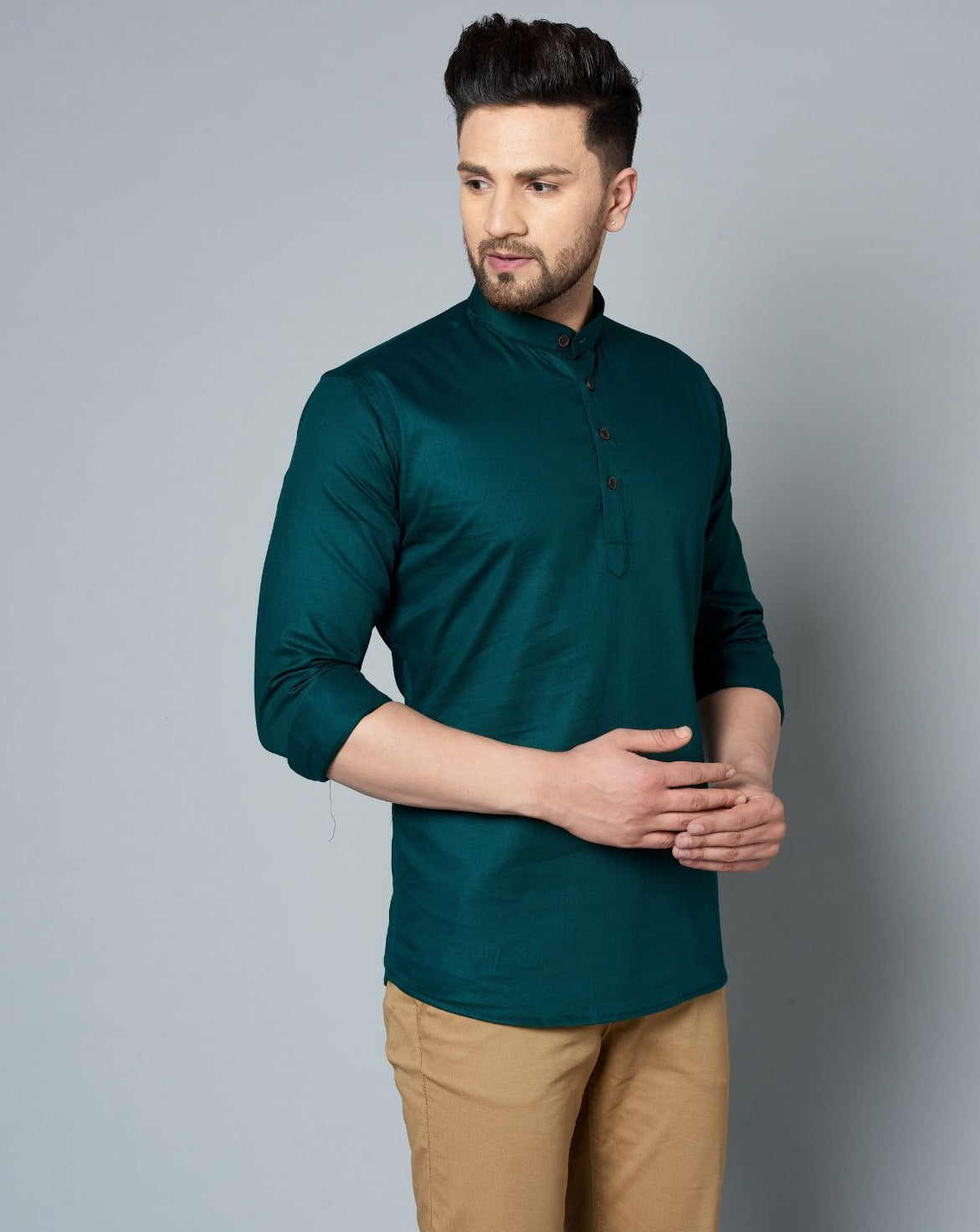 Louis Monarch Men Solid Dark Green Pure Cotton Straight Short Kurta